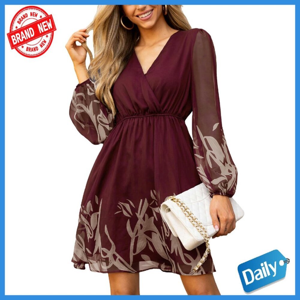 V-Neck Chiffon Mini Dress with Elastic Waist for Wedding Guest & Casual